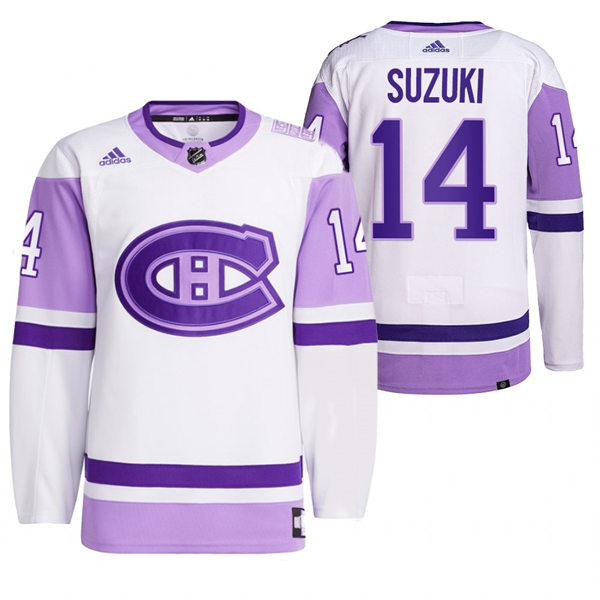 Mens Montreal Canadiens #14 Nick Suzuki 2021-22 White Purple Hockey Fights Cancer Primegreen Jersey Stitched