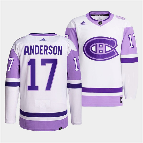 Mens Montreal Canadiens #17 Josh Anderson 2021-22 White Purple Hockey Fights Cancer Primegreen Jersey Stitched