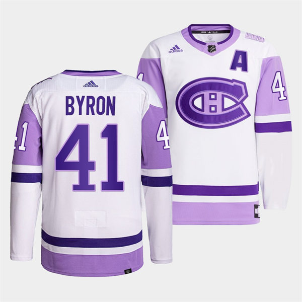 Mens Montreal Canadiens #41 Paul Byron 2021-22 White Purple Hockey Fights Cancer Primegreen Jersey Stitched
