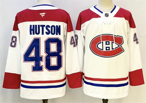 Mens Montreal Canadiens #48 Lane Hutson Fanatics White Away Jersey