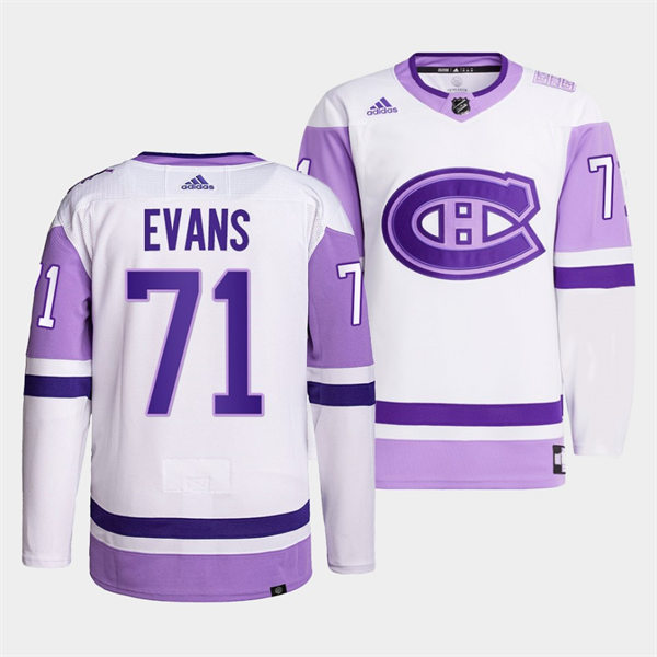 Mens Montreal Canadiens #71 Jake Evans 2021-22 White Purple Hockey Fights Cancer Primegreen Jersey Stitched