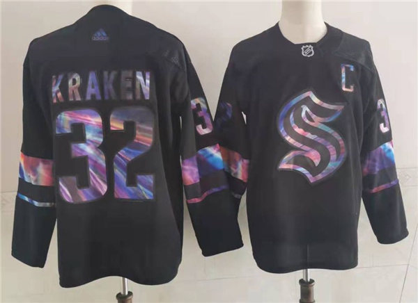 Mens NHL 32ND CLUB Seattle Kraken Adidas 2021-22 Black Iridescent Holographic Jersey Stitched