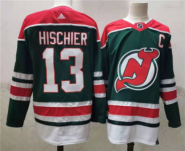 Mens New Jersey Devils #13 Nico Hischier Green Adidas 2021 Reverse Retro Jersey Stitched