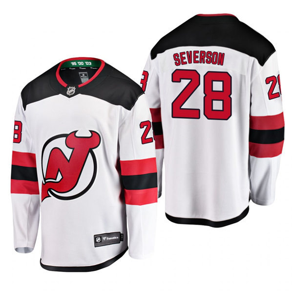 Mens New Jersey Devils #28 Damon Severson Adidas Away White Jersey Stitched