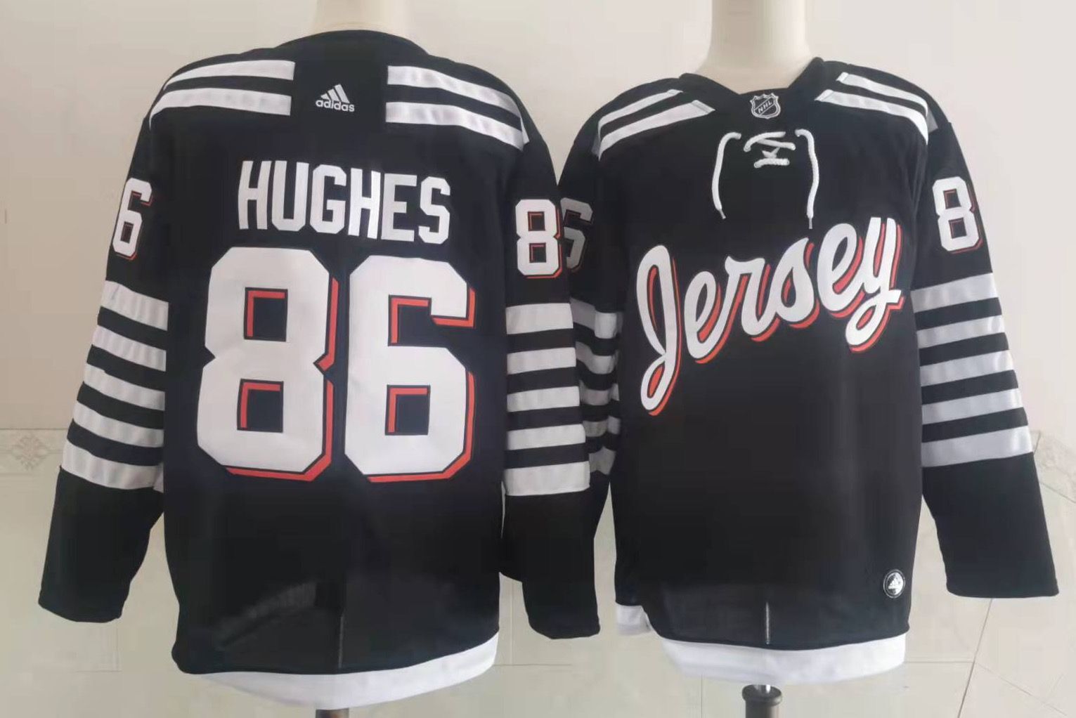 Mens New Jersey Devils #86 Jack Hughes Adidas Black Alternate Premier Player Jersey Stitched