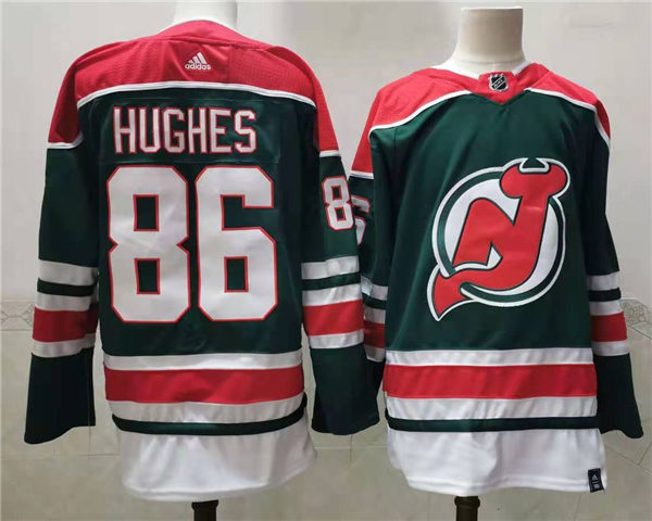 Mens New Jersey Devils #86 Jack Hughes Green Adidas 2021 Reverse Retro Jersey Stitched