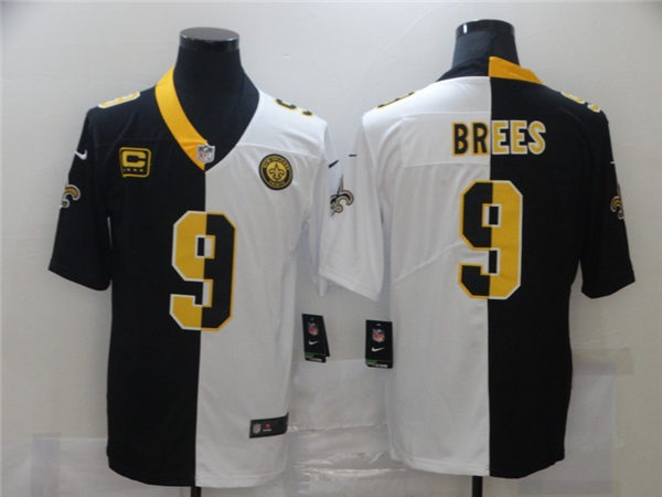 Mens New Orleans Saints #9 Drew Brees Nike Black White Split Two Tone Jersey