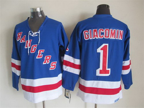 Mens New York Rangers #1 Eddie Giacomin Light Blue 1972 CCM Throwback Away Hockey Jersey Stitched