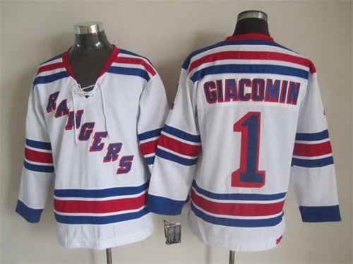 Mens New York Rangers #1 Eddie Giacomin White 1972 CCM Throwback Home NHL Jersey Stitched
