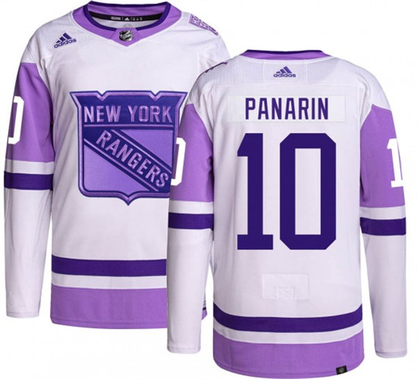 Mens New York Rangers #10 Artemi Panarin 2021-22 White Purple Hockey Fights Cancer Primegreen Jersey Stitched