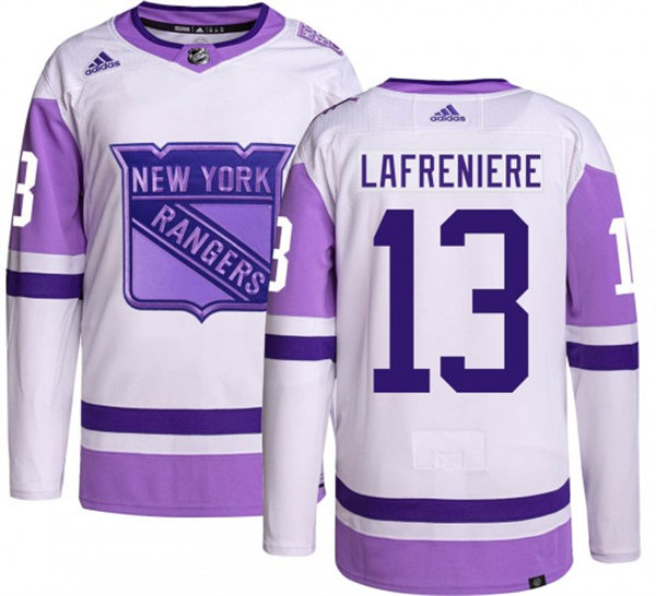 Mens New York Rangers #13 Alexis Lafreniere 2021-22 White Purple Hockey Fights Cancer Primegreen Jersey Stitched