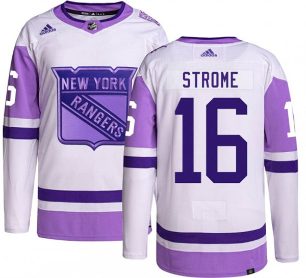 Mens New York Rangers #16 Ryan Strome 2021-22 White Purple Hockey Fights Cancer Primegreen Jersey Stitched