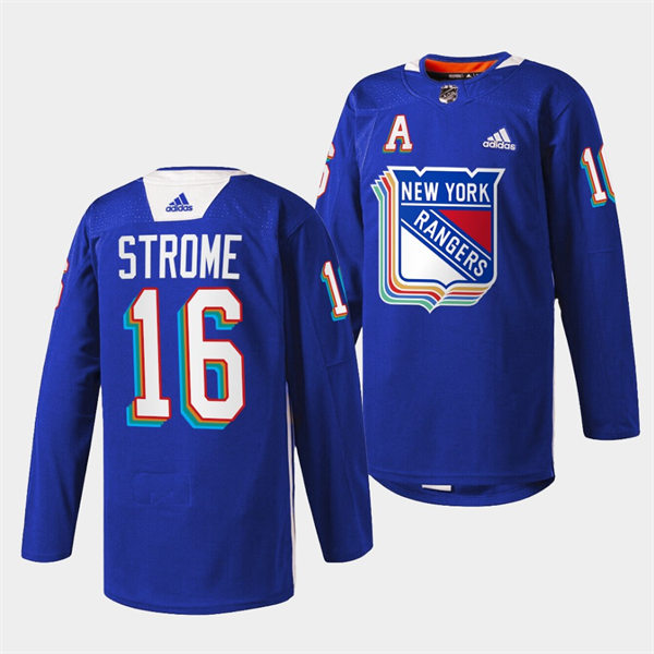 Mens New York Rangers #16 Ryan Strome Royal Pride Night Warmup Jersey Stitched