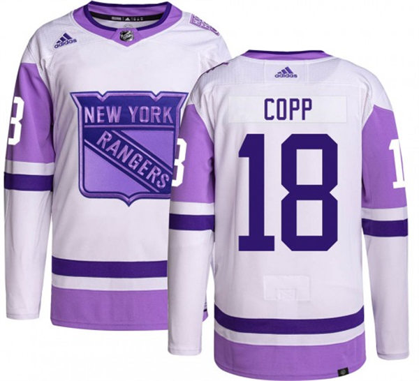 Mens New York Rangers #18 Andrew Copp 2021-22 White Purple Hockey Fights Cancer Primegreen Jersey