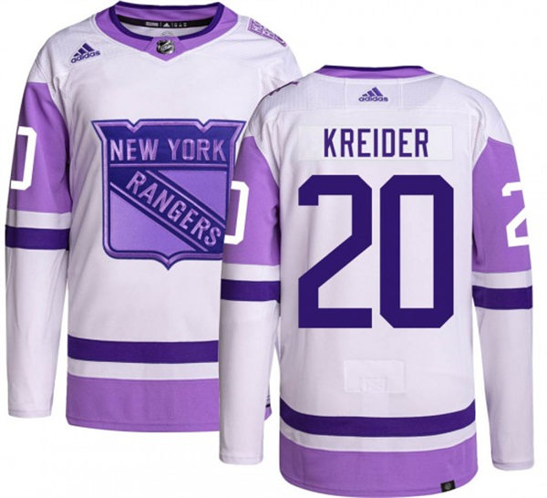 Mens New York Rangers #20 Chris Kreide 2021-22 White Purple Hockey Fights Cancer Primegreen Jersey Stitched
