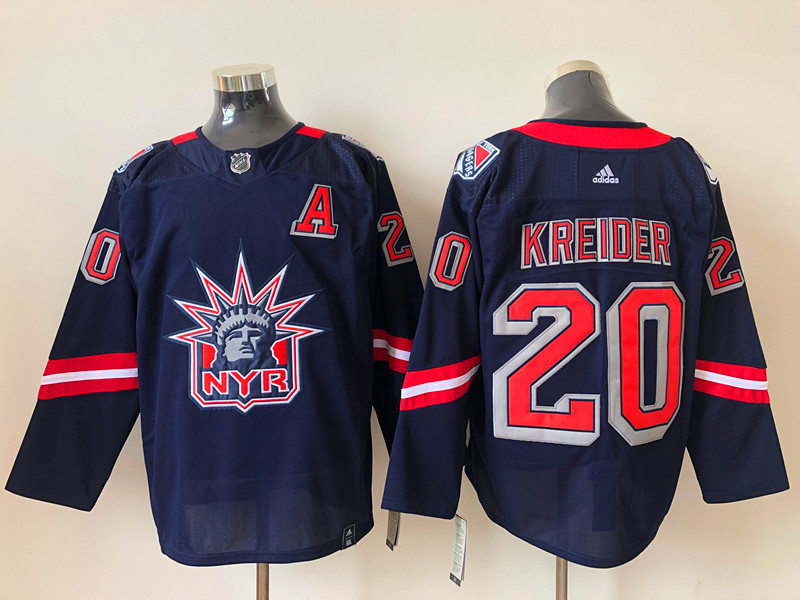 Mens New York Rangers #20 Chris Kreider Navy adidas 2020-21 NHL REVERSE RETRO JERSEYS Stitched