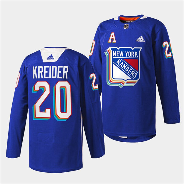 Mens New York Rangers #20 Chris Kreider Royal Pride Night Warmup Jersey Stitched