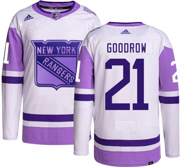 Mens New York Rangers #21 Barclay Goodrow 2021-22 White Purple Hockey Fights Cancer Primegreen Jersey Stitched