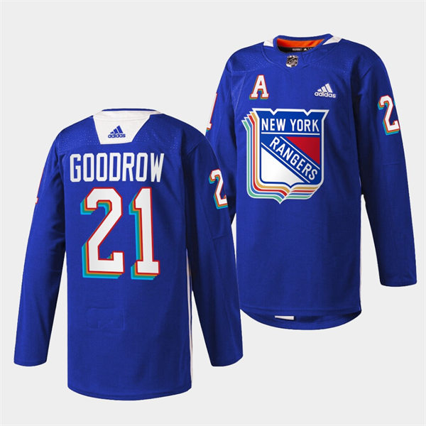 Mens New York Rangers #21 Barclay Goodrow Royal Pride Night Warmup Jersey Stitched