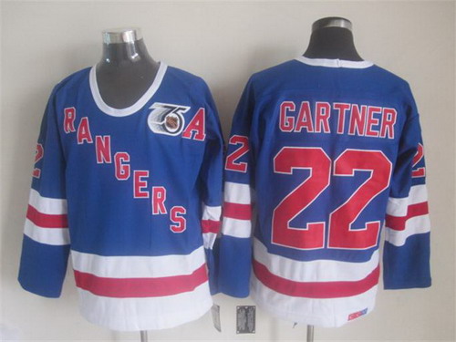 Mens New York Rangers #22 Mike Gartner Light Blue 1991 75TH CCM Vintage Throwback Jersey Stitched