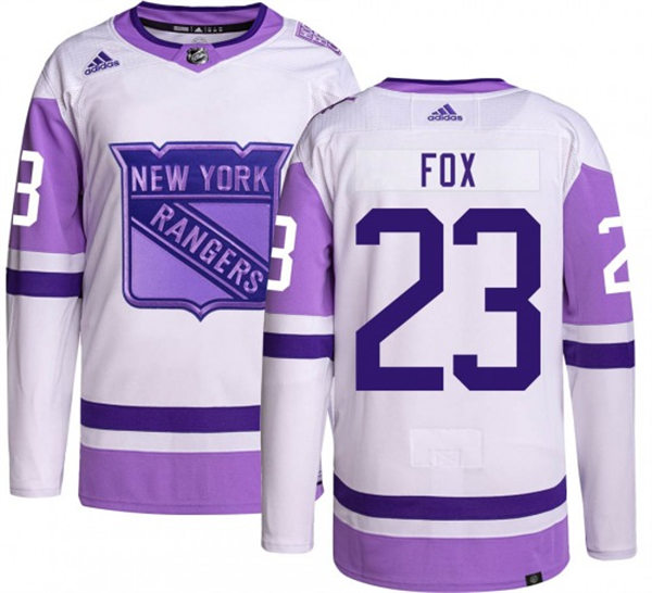 Mens New York Rangers #23 Adam Fox 2021-22 White Purple Hockey Fights Cancer Primegreen Jersey Stitched