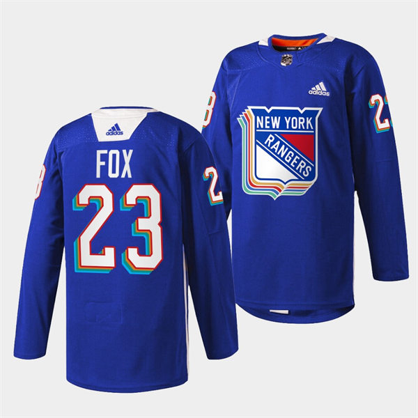 Mens New York Rangers #23 Adam Fox Royal Pride Night Warmup Jersey Stitched