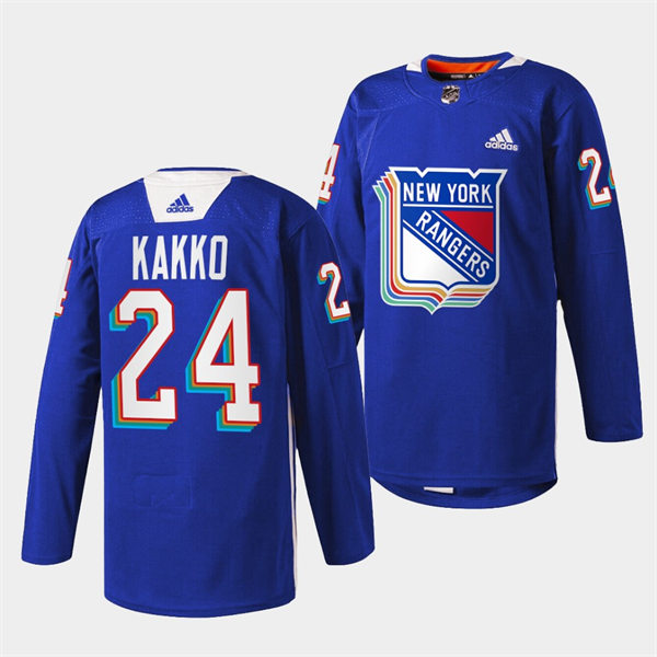 Mens New York Rangers #24 Kaapo Kakko Royal Pride Night Warmup Jersey Stitched