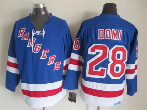Mens New York Rangers #28 Tie Domi Light Blue 1990's Throwback CCM Jersey Stitched
