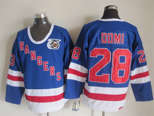 Mens New York Rangers #28 Tie Domi Light Blue 1991 75TH CCM Vintage Throwback Jersey Stitched