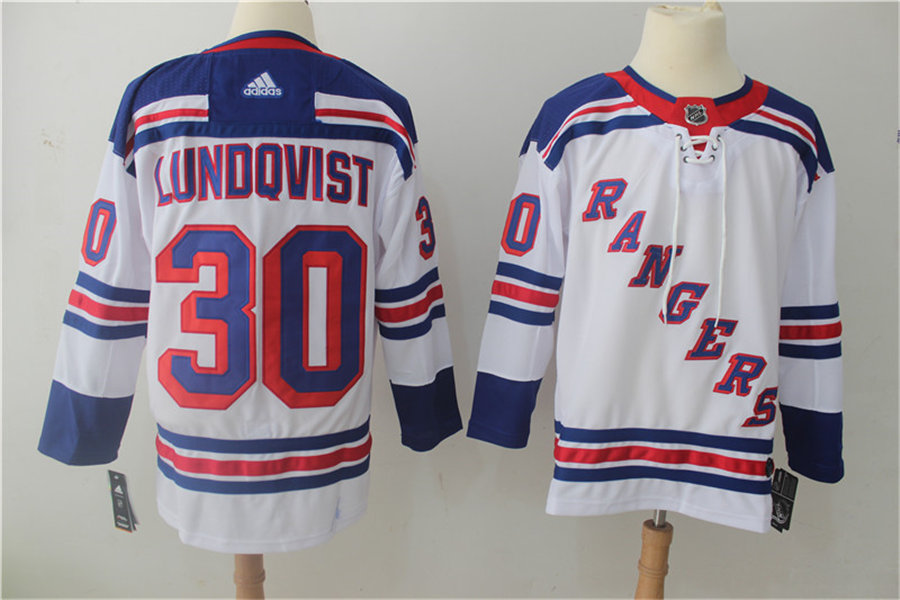 Mens New York Rangers #30 Henrik Lundqvist Adidas White Away Jersey Stitched
