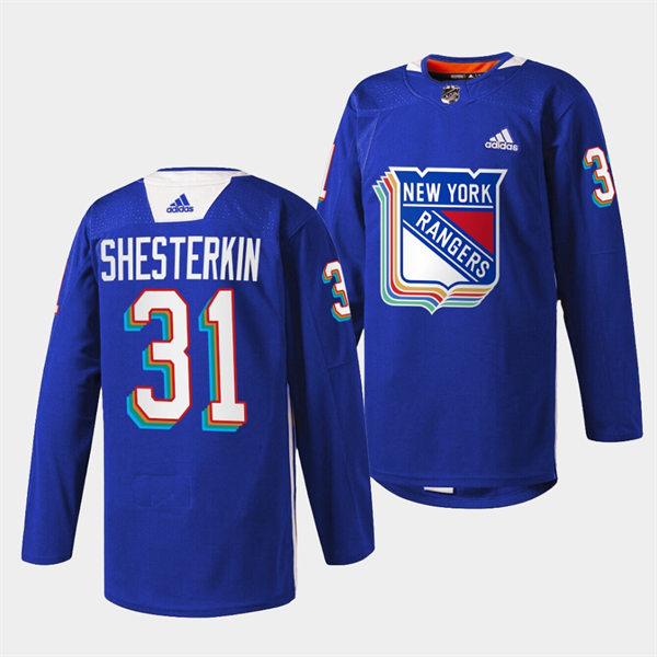 Mens New York Rangers #31 Igor Shestyorkin Royal Pride Night Warmup Jersey Stitched
