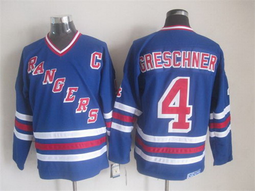 Mens New York Rangers #4 Ron Greschner Light Blue 1986 CCM Vintage Throwback NHL Hockey Stitched