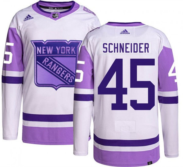 Mens New York Rangers #45 Braden Schneider 2021-22 White Purple Hockey Fights Cancer Primegreen Jersey Stitched