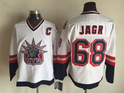 Mens New York Rangers #68 Jaromir Jagr 1996-97 White Statue Of Liberty CCM Vintage Throwback Jersey Stitched