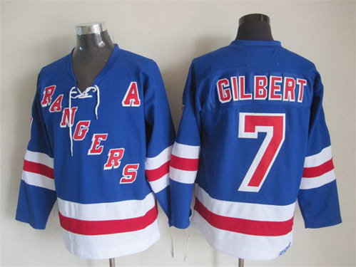 Mens New York Rangers #7 Rod Gilbert Light Blue 1972 Throwback CCM Jersey with tie Stitched