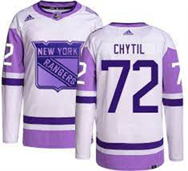 Mens New York Rangers #72 Filip Chytil 2021-22 White Purple Hockey Fights Cancer Primegreen Jersey Stitched
