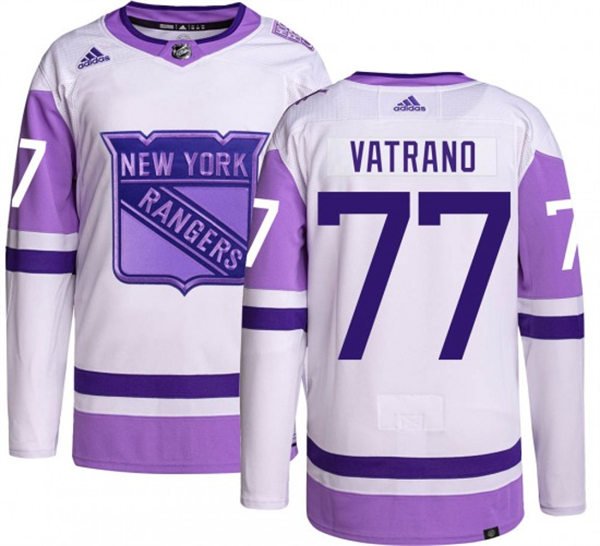 Mens New York Rangers #77 Frank Vatrano 2021-22 White Purple Hockey Fights Cancer Primegreen Jersey Stitched