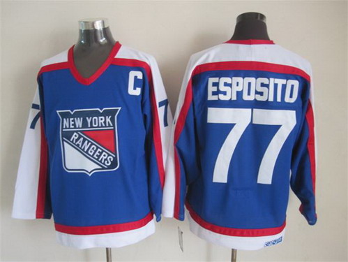Mens New York Rangers #77 Phil Esposito Light Blue 1976 CCM Vintage Throwback NHL Hockey Jersey Stitched