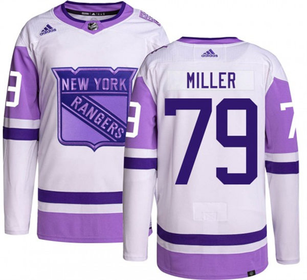 Mens New York Rangers #79 K'Andre Miller 2021-22 White Purple Hockey Fights Cancer Primegreen Jersey Stitched