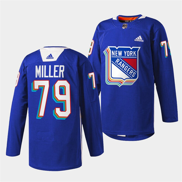 Mens New York Rangers #79 K'Andre Miller Royal Pride Night Warmup Jersey Stitched