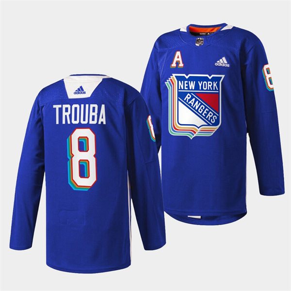 Mens New York Rangers #8 Jacob Trouba Royal Pride Night Warmup Jersey Stitched