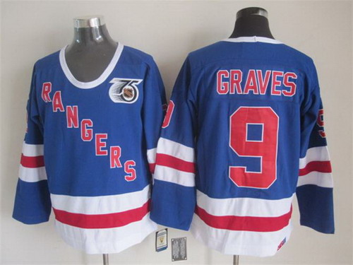 Mens New York Rangers #9 Adam Graves Light Blue 1991 75TH CCM Vintage Throwback Jersey Stitched