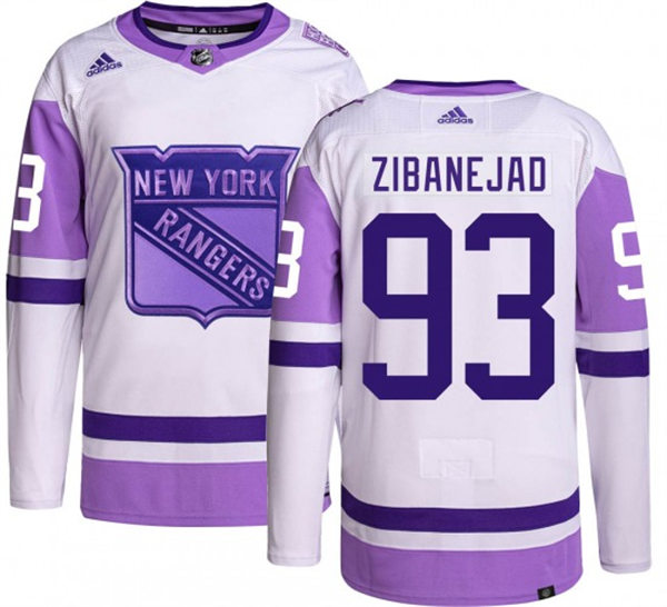 Mens New York Rangers #93 Mika Zibanejad 2021-22 White Purple Hockey Fights Cancer Primegreen Jersey Stitched