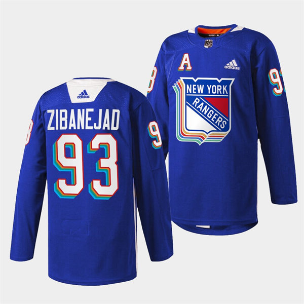 Mens New York Rangers #93 Mika Zibanejad Royal Pride Night Warmup Jersey Stitched