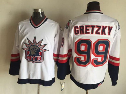 Mens New York Rangers #99 Wayne Gretzky 1996-97 White Statue Of Liberty CCM Vintage Throwback Jersey Stitched