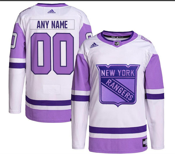 Mens New York Rangers Custom 2021-22 White Purple Hockey Fights Cancer Primegreen Jersey Stitched’