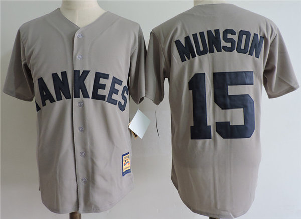 Mens New York Yankees #15 Thurman Munson Grey Throwback Baseball Jerseys