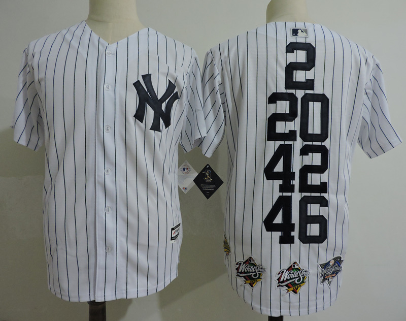 Mens New York Yankees #2 Derek Jeter #20 JORGE POSADA #42 Mariano Rivera #46 ANDY PETTITTE White Pinstripe Cooperstown