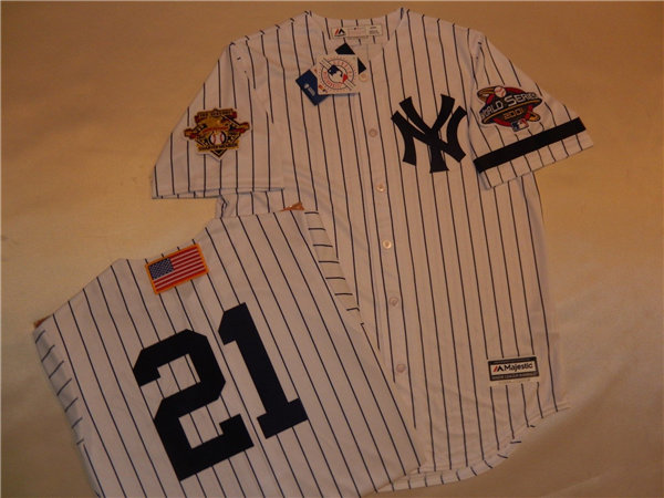 Mens New York Yankees #21 PAUL O'NEILL White Pinstripe Majestic Cooperstown 2001 World Series GAME Baseball Jerse