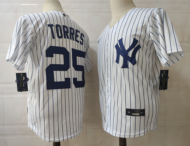 Mens New York Yankees #25 Gleyber Torres Nike White Home with Name Cool Base Baseball Jersey